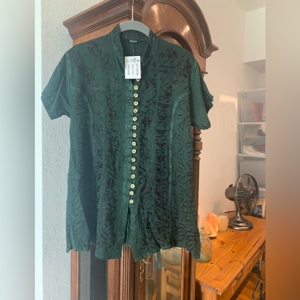 Embroidered Green Button-Up Top